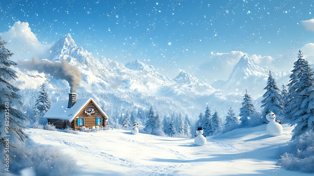 Fototapeta premium Cozy Winter Cabin in Snowy Mountains with Snowmen