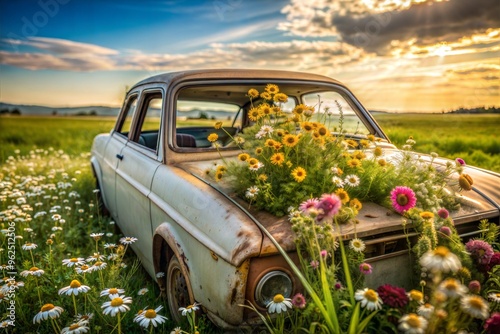 Vintage car in meadow with colorful wildflowers at sunset photo