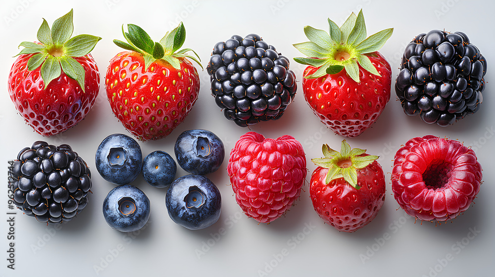 Vibrant collection of ripe berries, featuring strawberries, blackberries, raspberries, and blueberries Vibrant collection of ripe berries, featuring strawberries, blackberries, raspberries, and blueberries