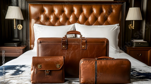 premium leather travel set, featuring a vintage suitcase and a weekender bag, displayed on a plush hotel bed photo