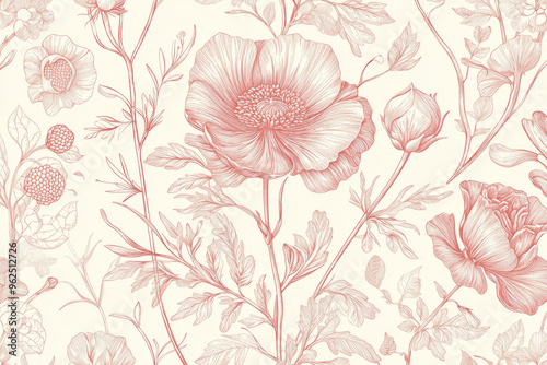 A delicate floral pattern featuring various flowers and buds in soft hues, ideal for textile or wallpaper design.