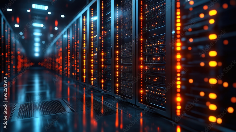 A futuristic data center filled with server racks illuminated by vibrant orange LED lights. This modern tech hub supports cloud computing, AI, and secure data infrastructure. A futuristic data center filled with server racks illuminated by vibrant orange LED lights. This modern tech hub supports cloud computing, AI, and secure data infrastructure.
