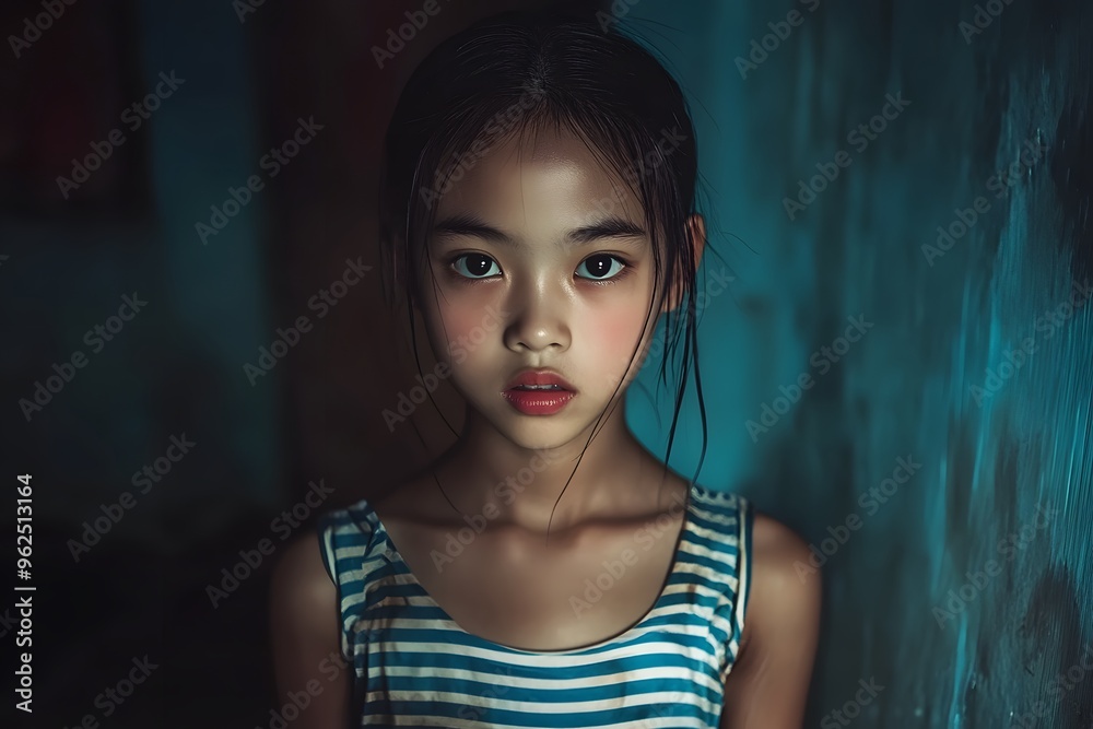 Young Girl Portrait with Serious Expression Looking at Camera Dark Background Blue Wall Striped Tank Top Young Girl Portrait with Serious Expression Looking at Camera Dark Background Blue Wall Striped Tank Top