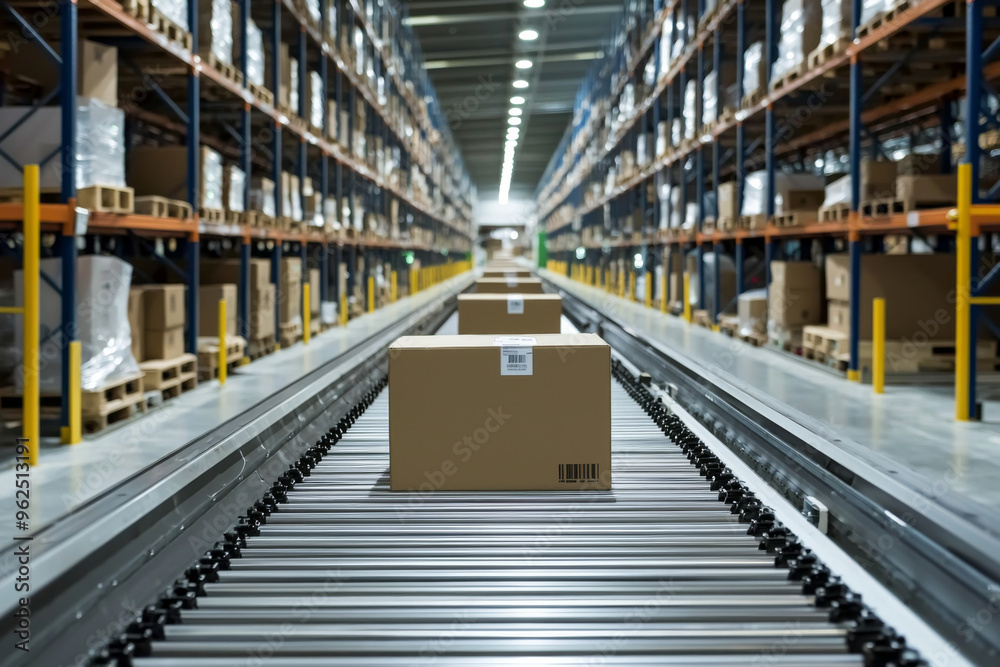 A conveyor belt in a warehouse transporting boxes among shelves filled with goods for efficient logistics and storage. A conveyor belt in a warehouse transporting boxes among shelves filled with goods for efficient logistics and storage.