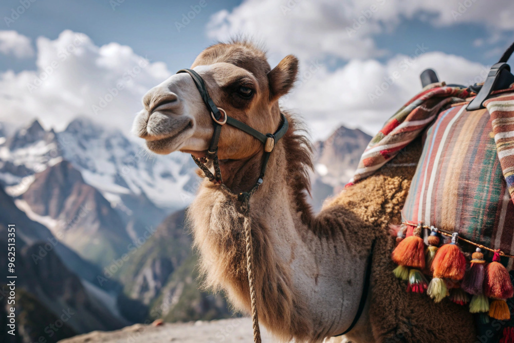 Obraz premium Close-up of a Camel's Face with Mountain Range in the Background
