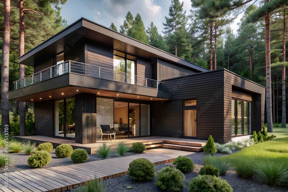 Fototapeta premium Visualization of a modern private house in the forest, Modern Minimalist Family Villa, cozy home. luxury real estate residential building concept.
