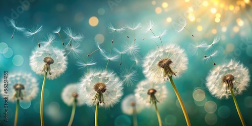 A whimsical photo capturing dandelion seeds floating in the air, dreamy, delicate, dandelions, fluffy, nature, outdoors, wishes photo