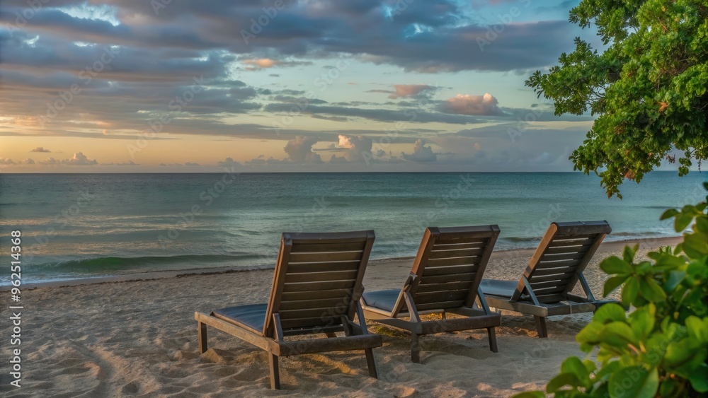 Lounge chairs on a sandy beach with an ocean view , vacation, relaxation, summer, tropical, seaside, holiday, leisure Lounge chairs on a sandy beach with an ocean view , vacation, relaxation, summer, tropical, seaside, holiday, leisure
