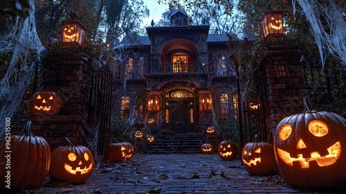 Haunted mansion with cobwebs and creaky doors, adorned with spooky pumpkin carvings and sinister jack-o'-lanterns for a frightful Halloween scene