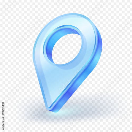 Blue 3D location glass icon, GPS pointer or pin sign with reflection isolated on white background. 3D vector illustration.