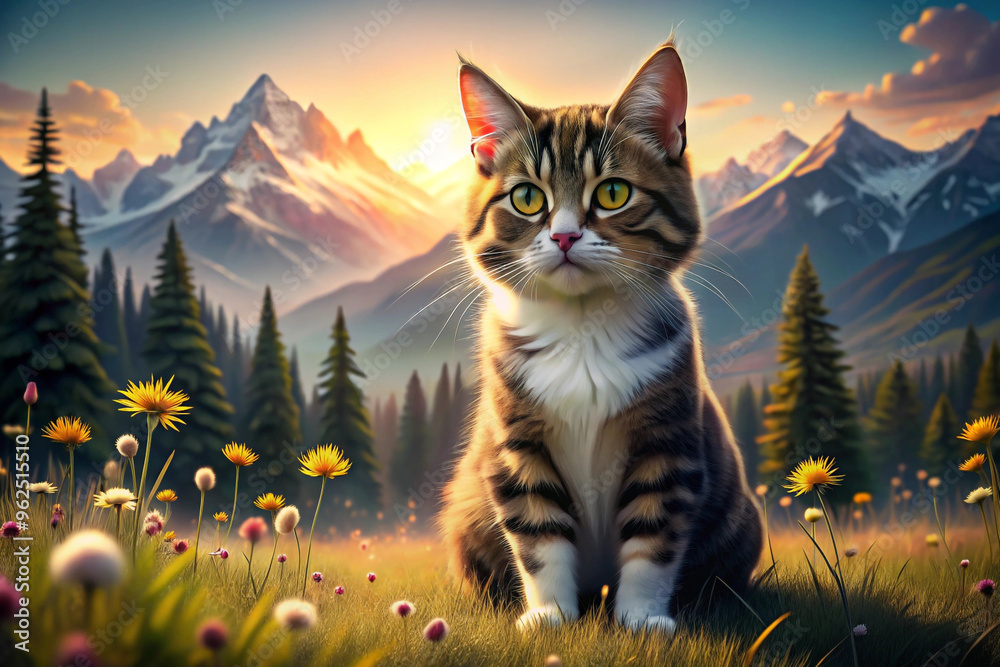 Obraz premium A Tabby Cat Posing in a Meadow with Mountain Backdrop at Sunset