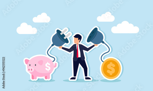 A businessman holding an electrical plug with a piggy bank on one end and coins on the other, illustration of Synchronizing income with investments for effective money management