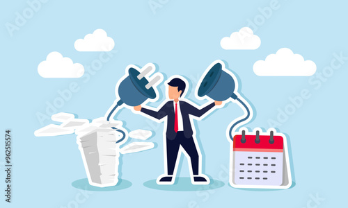 A businessman holding a power plug connected to piles of paperwork and a calendar, workload balance, illustration of Synchronizing schedules and workload to ensure tasks are completed