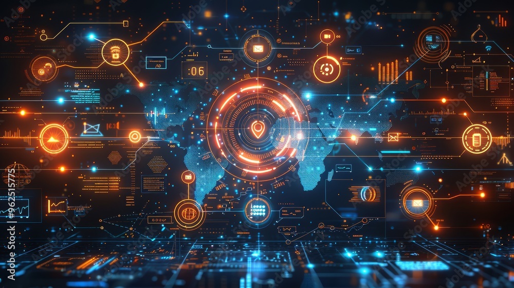 Obraz premium Digital background featuring various digital icons and data visualizations on a blue backdrop