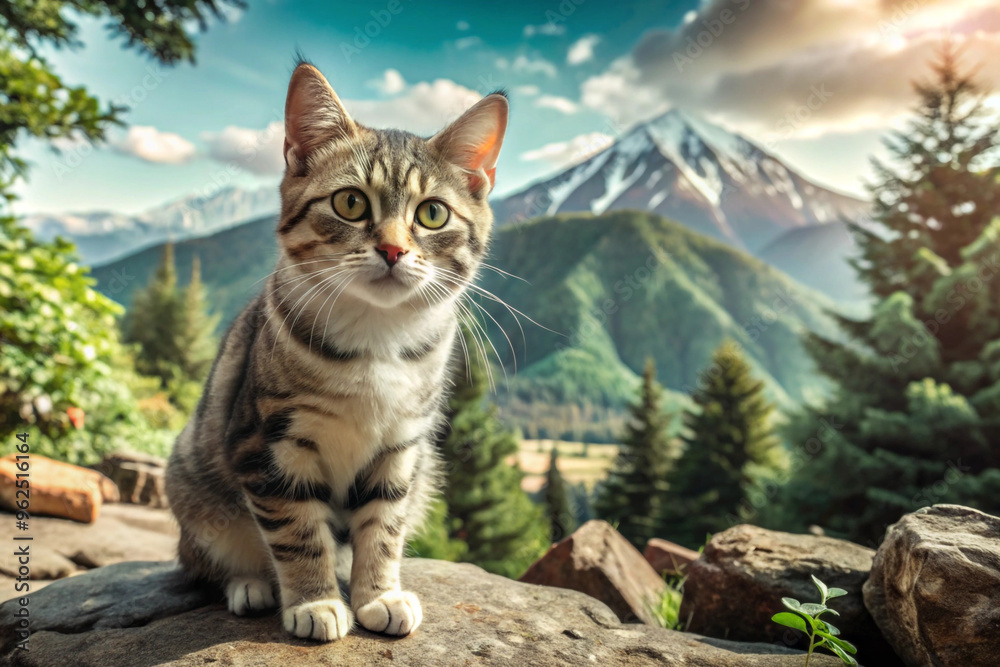 Obraz premium Tabby Cat Perched on a Rock with a Mountainous Landscape in the Background