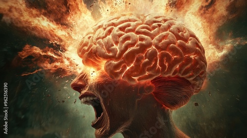 Concept art of a human brain exploding with knowledge and creativity
