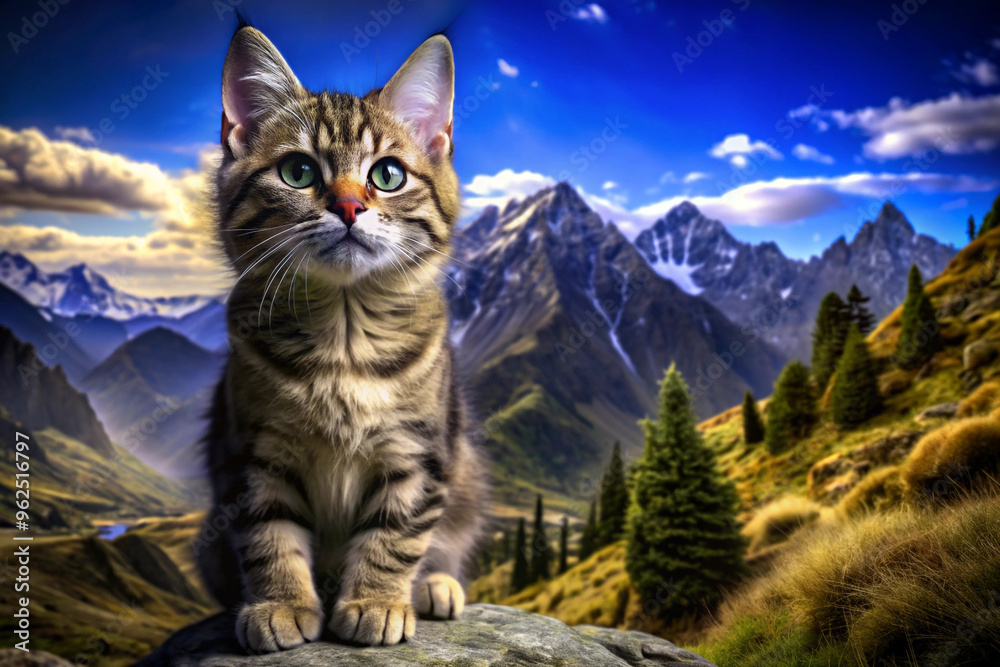 Tabby Kitten Posing on a Mountaintop Rock Tabby Kitten Posing on a Mountaintop Rock