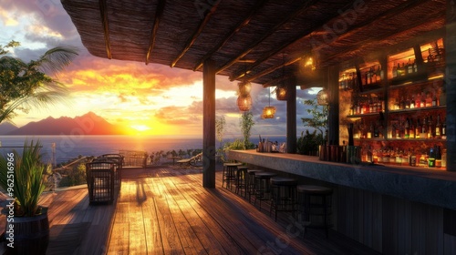 Rooftop Bar with Sunset View and Mountains in the Distance