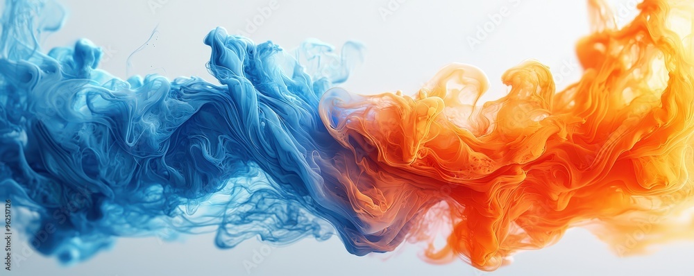 Realistic blue and orange liquid ink converging in fluid motion, with lifelike textures and 3D illustration detail, creating an eye-catching abstract visual Realistic blue and orange liquid ink converging in fluid motion, with lifelike textures and 3D illustration detail, creating an eye-catching abstract visual