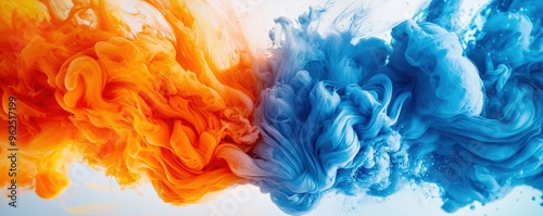 Realistic blue and orange liquid ink converging in fluid motion, with lifelike textures and 3D illustration detail, creating an eye-catching abstract visual photo