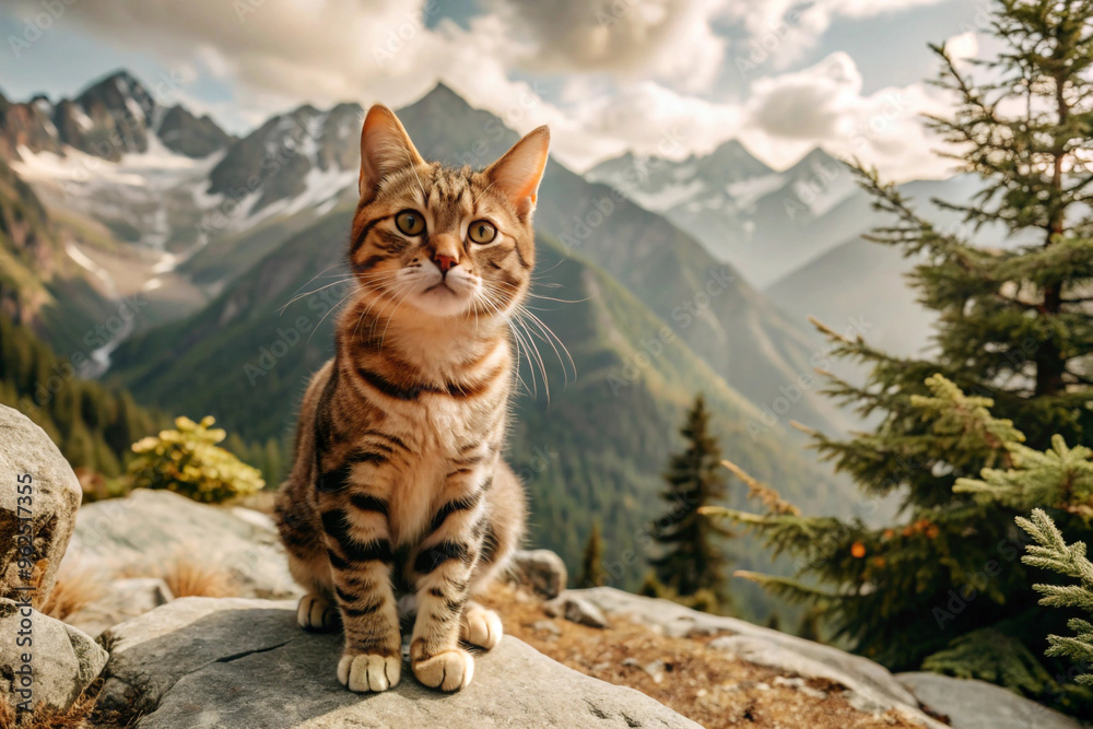 Tabby Cat Sitting on a Rocky Mountain Outcrop Tabby Cat Sitting on a Rocky Mountain Outcrop