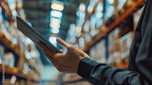 A close-up of a logistics professional using a tablet to track shipments and inventory in a modern warehouse setting. 