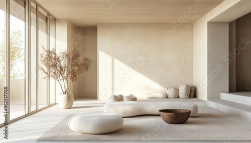 Minimalist Living Room with Beige Walls, Wooden Ceiling, and a Beige Sofa