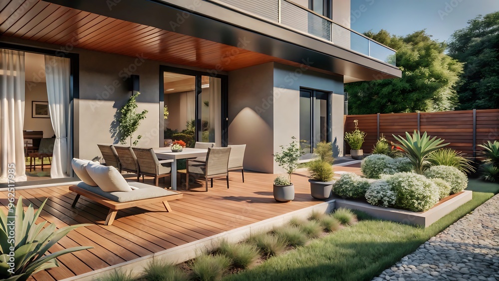Outdoor modern terrace with chair and table with garden background, furniture chairs seating on a residential house terrace. Outdoor modern terrace with chair and table with garden background, furniture chairs seating on a residential house terrace.
