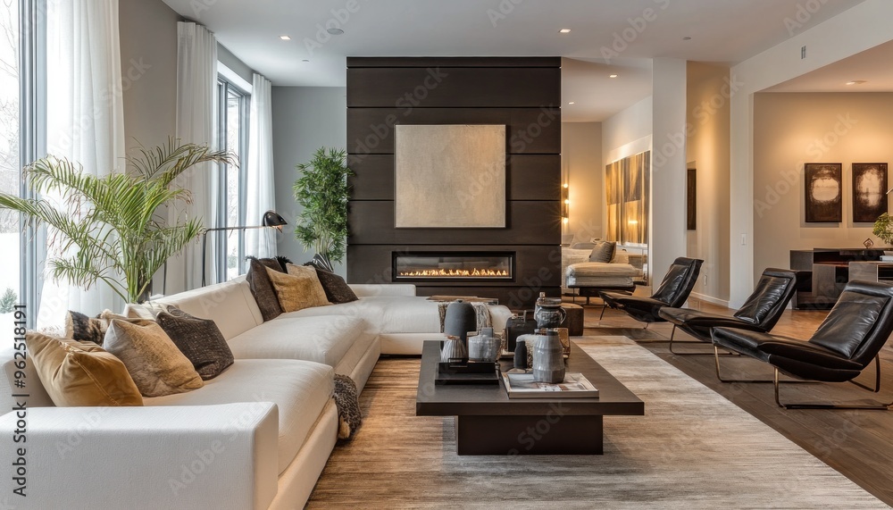 custom made wallpaper toronto digitalModern Living Room with White Sectional Sofa, Fireplace, and Black Leather Chairs