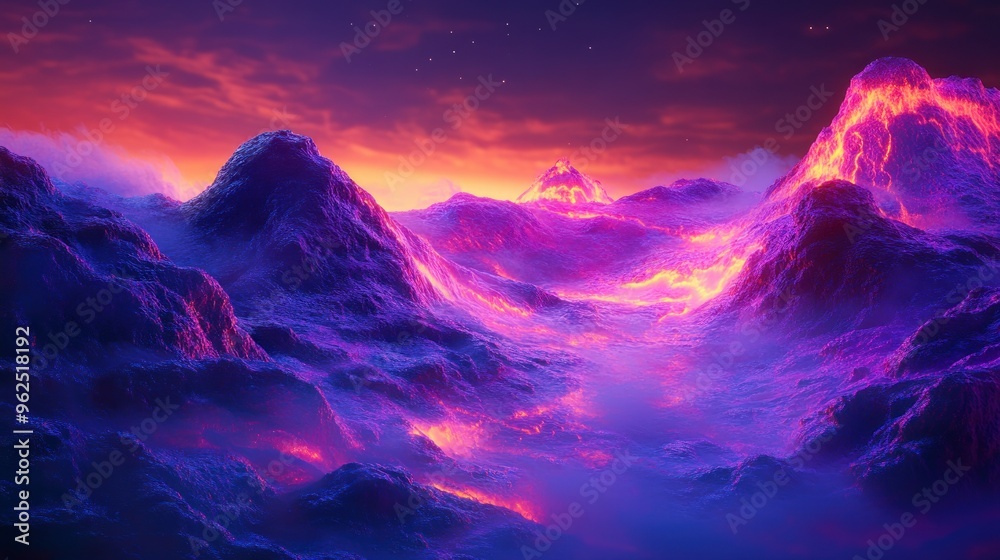 A Mountain Range with Glowing Lava Flowing at Sunset A Mountain Range with Glowing Lava Flowing at Sunset