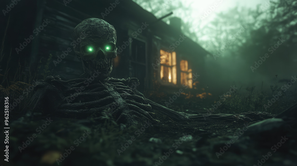 Obraz premium A skeleton is laying in a swamp with green eyes