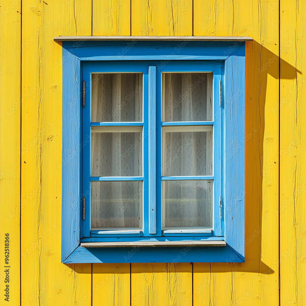 Front view of a blue window on a yellow wooden house wall. Front view of a blue window on a yellow wooden house wall.