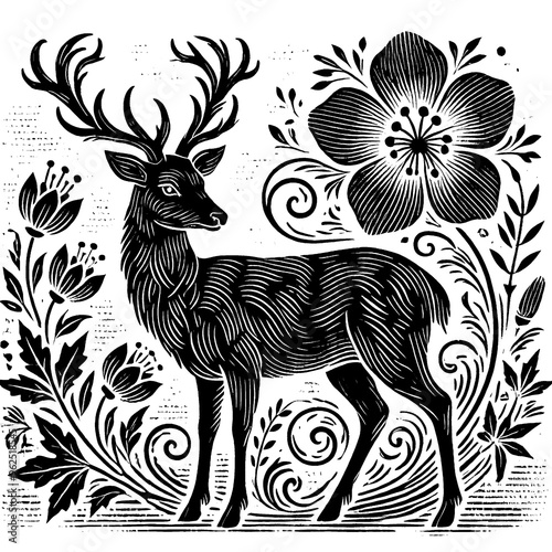 Black and White Deer Illustration with Floral Elements and Ornamental Design