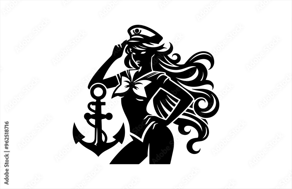 Obraz premium sailorwoman model girl illustration of black shape silhouette vector design