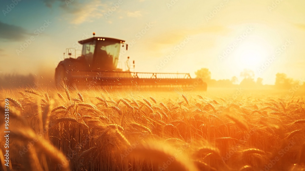 Fototapeta premium A golden sunset casts a warm glow over a tractor harvesting wheat in a rural field.
