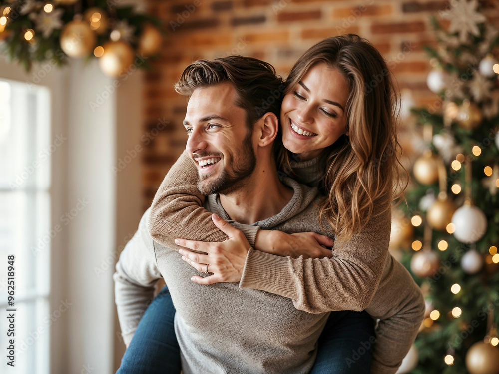 © Pablo - joven pareja abrazados en la sala de su casa, mientras celebran navidad © Pablo - joven pareja abrazados en la sala de su casa, mientras celebran navidad