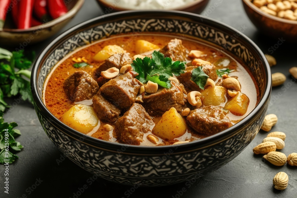 Hyperdetailed Massaman curry with tender beef chunks, potatoes, and peanuts, served in a traditional Thai bowl, with the curry sauce glossy and rich Hyperdetailed Massaman curry with tender beef chunks, potatoes, and peanuts, served in a traditional Thai bowl, with the curry sauce glossy and rich