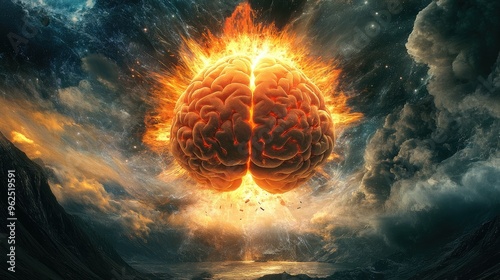 Concept art of a human brain exploding with knowledge and creativity