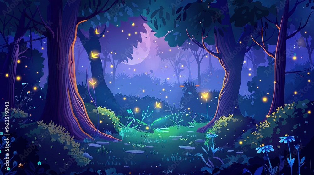 Obraz premium Fantasy Dark Woodland Scenery Under Moonlight: Magic Fairy Forest with Clearing Among Trees and Bushes Featuring Fantastic Glow at Night and Mystery Sparks of Firefly and Plants