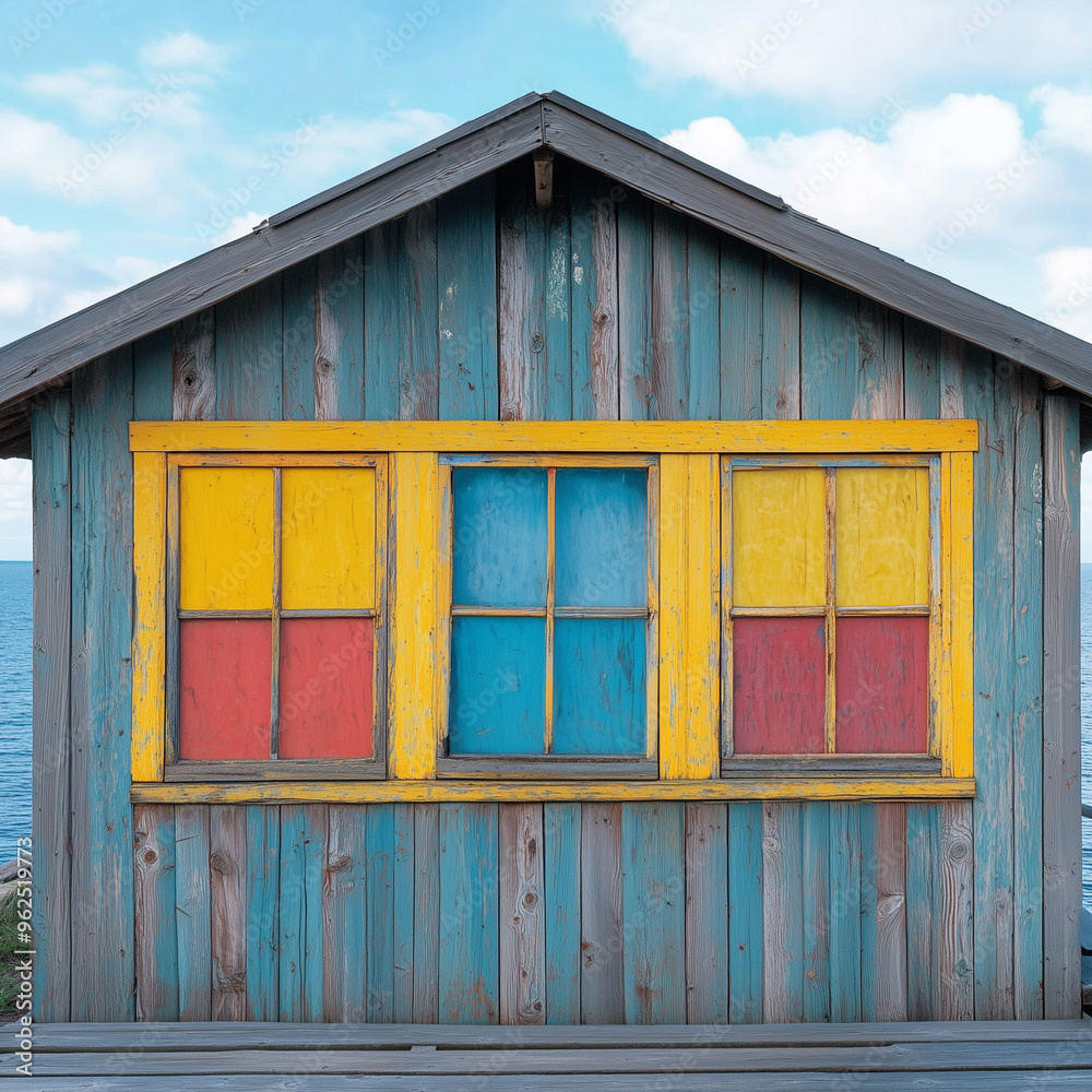 Frontal view of the colorful windows of a wooden house by the sea. Frontal view of the colorful windows of a wooden house by the sea.