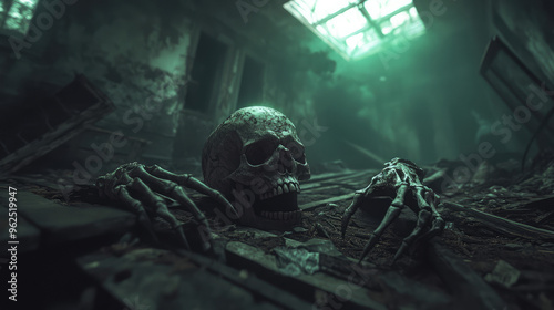 A skeleton is laying on the ground in a dark room