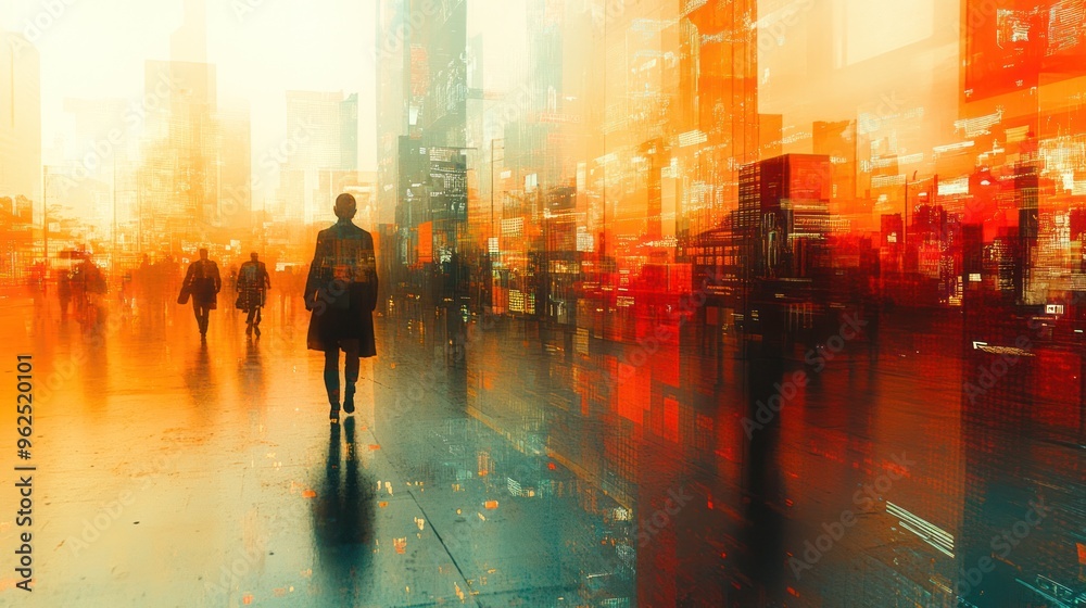 Silhouettes of People Walking in a Futuristic Cityscape Silhouettes of People Walking in a Futuristic Cityscape