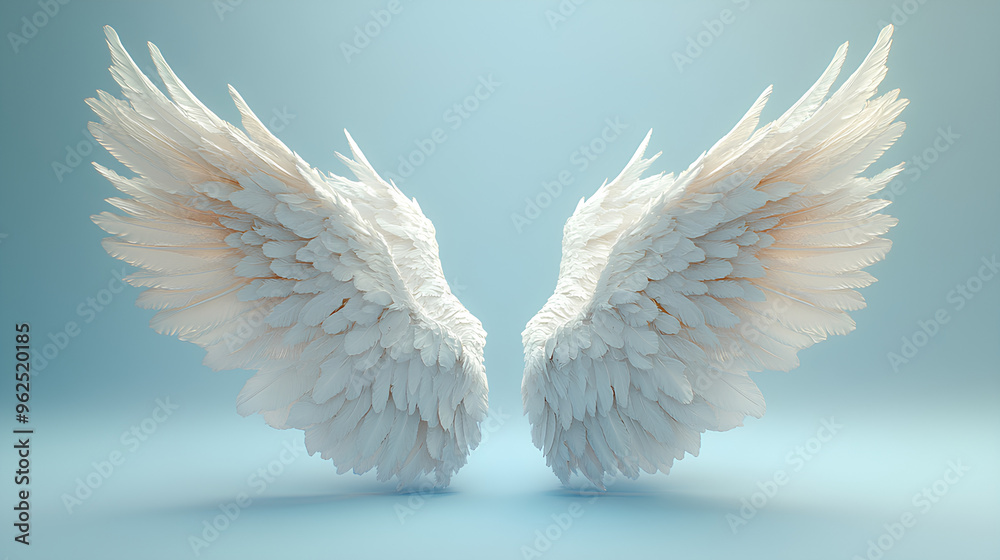 Fototapeta premium white angel wings realistic 3d on light blue background