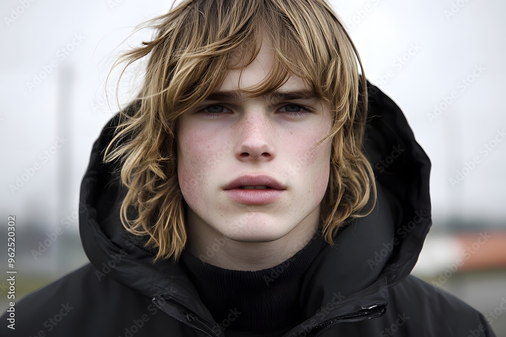 Portrait of Young Man with Long Blonde Hair in Black Hoodie Portrait of Young Man with Long Blonde Hair in Black Hoodie