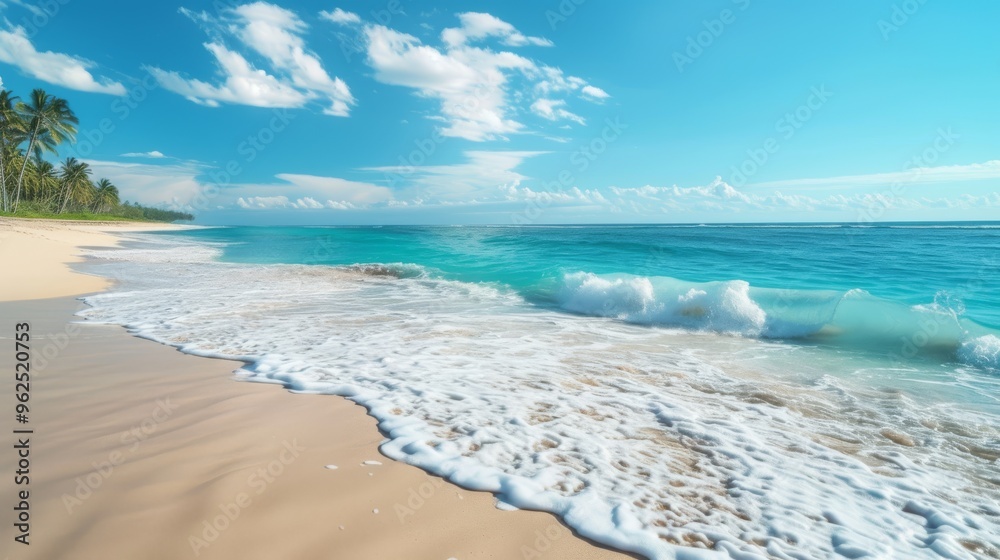 Picturesque tropical beach with gentle waves rolling onto soft sand under a bright blue sky. The clear turquoise water and palm trees in the distance create an idyllic, relaxing scene. Picturesque tropical beach with gentle waves rolling onto soft sand under a bright blue sky. The clear turquoise water and palm trees in the distance create an idyllic, relaxing scene.