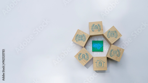 A wooden block with a green chip on it is surrounded by six other wooden blocks