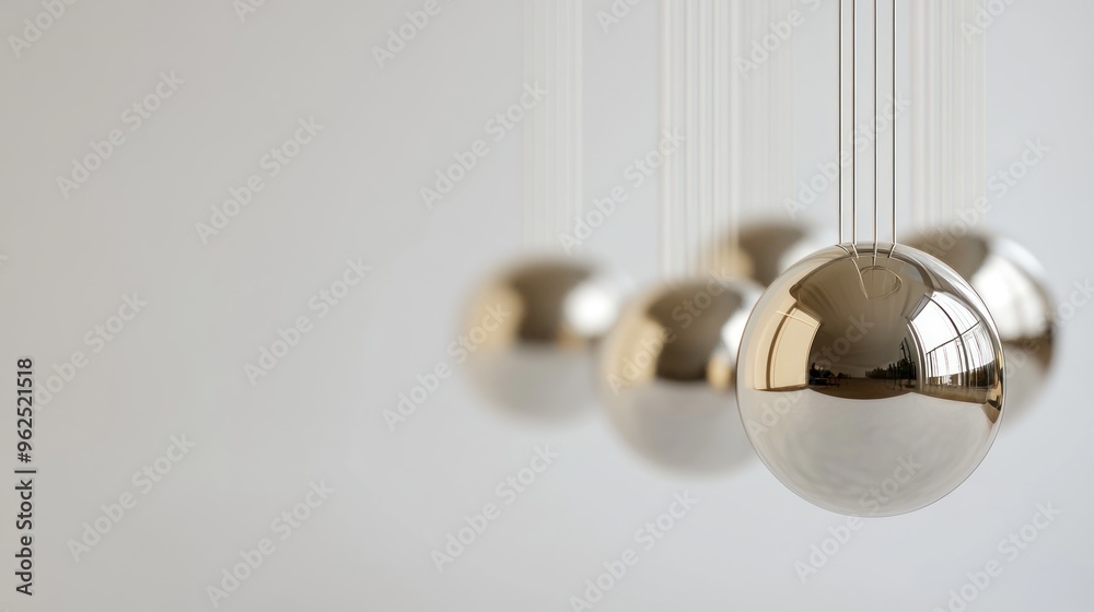 Shiny Metallic Spheres Hanging from Strings Against a White Wall Shiny Metallic Spheres Hanging from Strings Against a White Wall