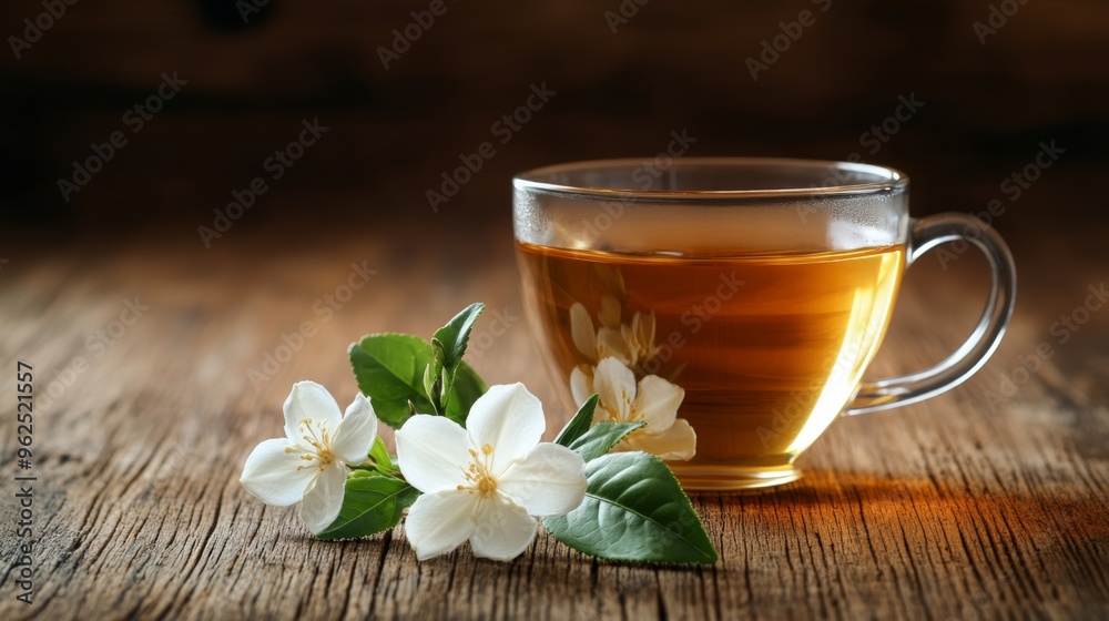 Serene Moment - Cup of Jasmine Tea with Fresh Jasmine Flowers on Wooden Table Serene Moment - Cup of Jasmine Tea with Fresh Jasmine Flowers on Wooden Table