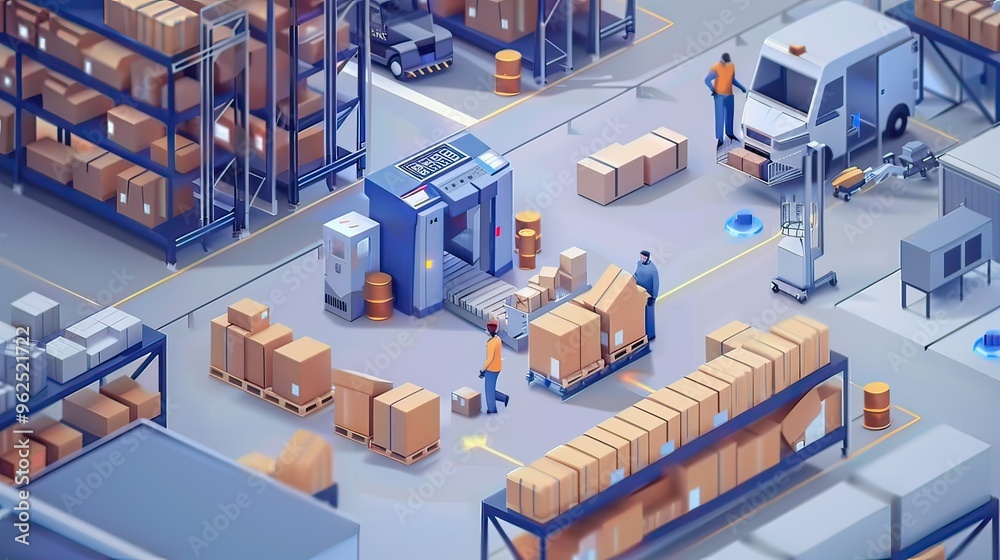 A warehouse scene with workers efficiently handling packages and automated systems managing A warehouse scene with workers efficiently handling packages and automated systems managing