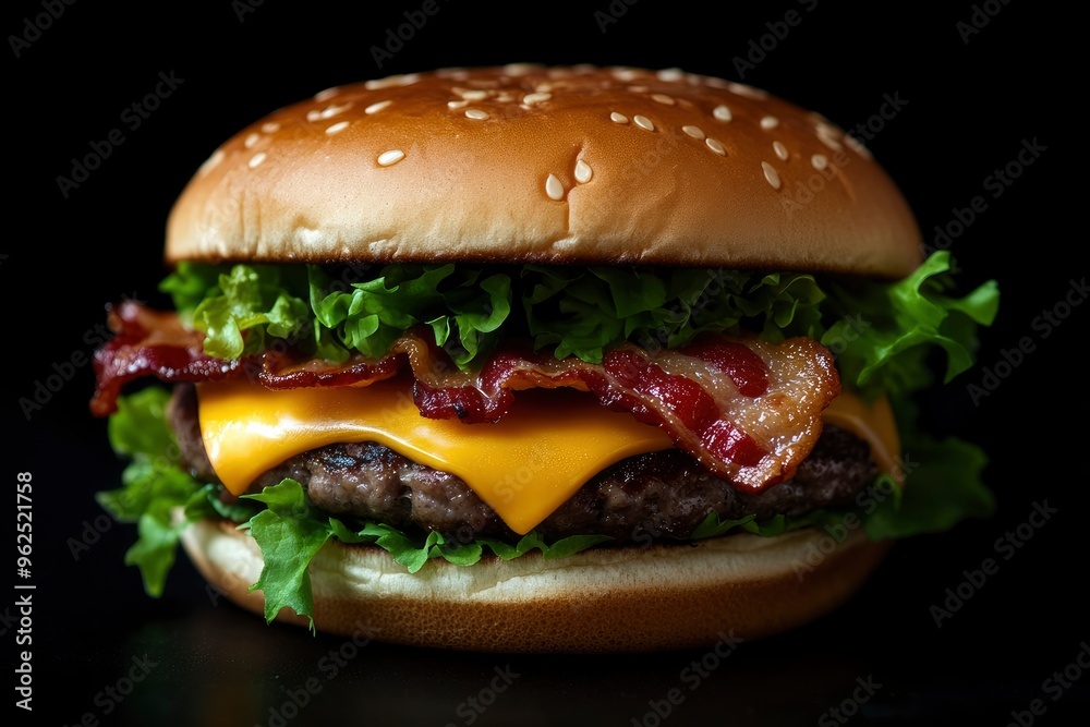 Cheeseburger with bacon, cheese and lettuce on black background with generative ai Cheeseburger with bacon, cheese and lettuce on black background with generative ai